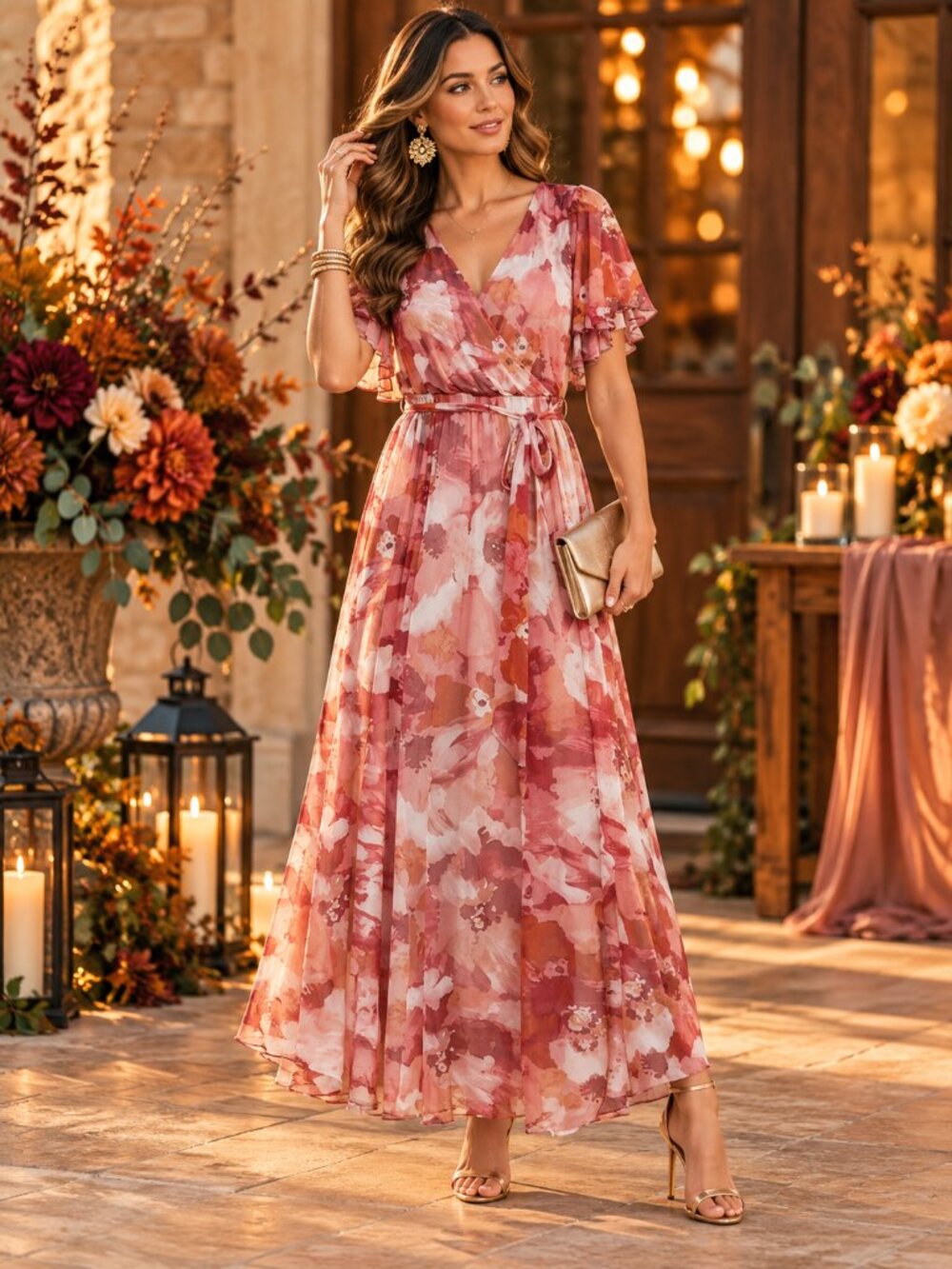 Kate & Lily Pink Floral Faux Wrap Maxi Dress Chiffon V Neck Flutter Sleeve